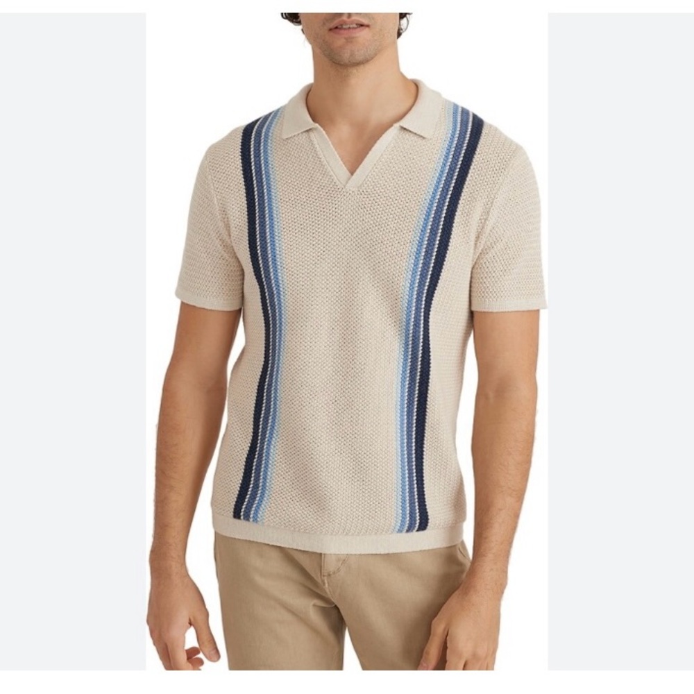 Marine Layer Conrad Sweater Polo Shirt in Oatmeal Blue Stripe, Sz XXL